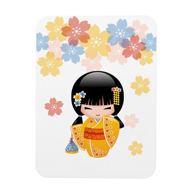 Summer Kokeshi Doll - Yellow Kimono Geisha Girl Magnet (Vertical)