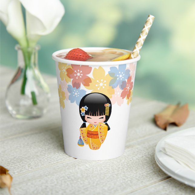 Summer Kokeshi Doll - Yellow Kimono Geisha Girl Paper Cups (Insitu)