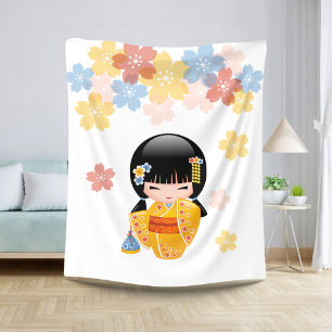 Summer Kokeshi Doll - Yellow Kimono Geisha Girl Sherpa Blanket