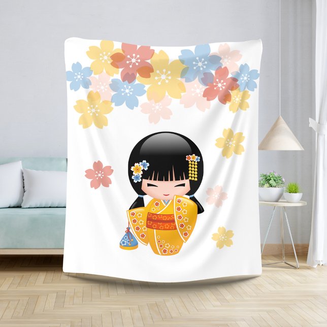 Summer Kokeshi Doll - Yellow Kimono Geisha Girl Sherpa Blanket (Creator Uploaded)