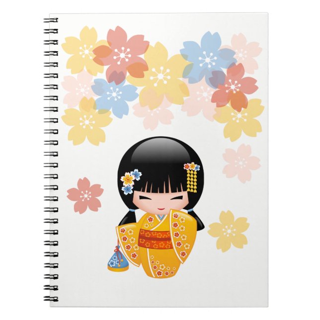 Summer Kokeshi Doll - Yellow Kimono Geisha Girl Spiral Notebook (Front)