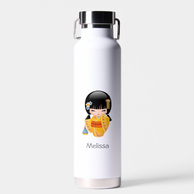 Summer Kokeshi Doll - Yellow Kimono Geisha Girl Water Bottle (Front)