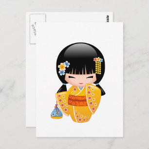 Summer Kokeshi Doll - Yellow Kimono Girl Postcard
