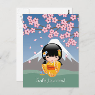 Summer Kokeshi Doll - Yellow Kimono Safe Journey Postcard