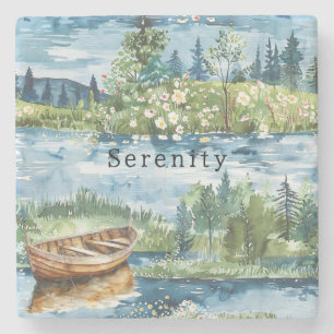 Summer Lake Boat Flowers Serenity Stone Coaster