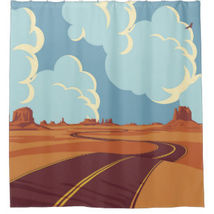 Summer landscape with an empty winding road in the shower curtain