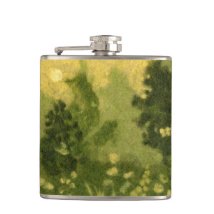 Summer lawn, wool painting, landscape green shades hip flask