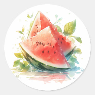 Summer Leaves With Watercolor Watermelon Classic Round Sticker