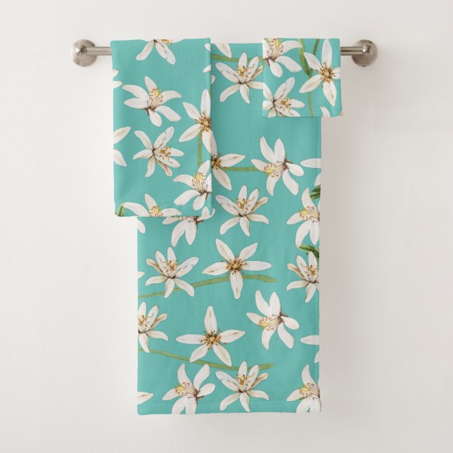 Summer Lemon blossom pattern on teal  Bath Towel Set (Insitu)