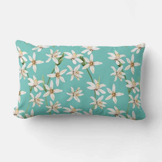Summer Lemon blossom pattern on teal Lumbar Cushion (Front)