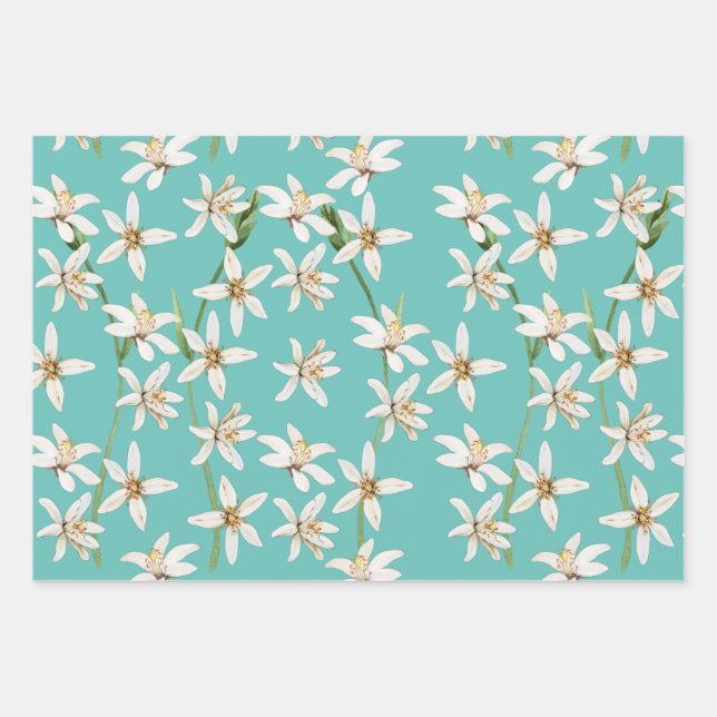Summer Lemon blossom pattern on teal  Wrapping Paper Sheet (Front)