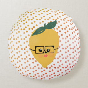 Summer Lemon Cartoon Hand Drawn Doodle  Round Cushion