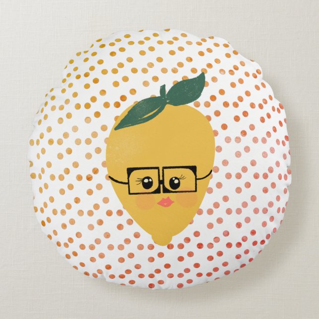 Summer Lemon Cartoon Hand Drawn Doodle  Round Cushion (Front)