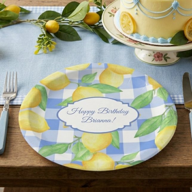 Summer Lemon Gingham Birthday Paper Plate (Creator Uploaded)