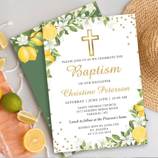 Summer Lemon Greenery Gold Cross Baptism Invitation (Creator Uploaded)