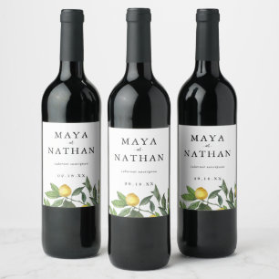 Summer Lemon Greenery Personalised Wedding Wine Label
