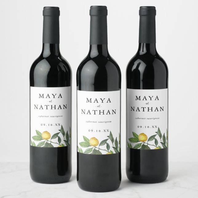 Summer Lemon Greenery Personalised Wedding Wine Label (Bottles)