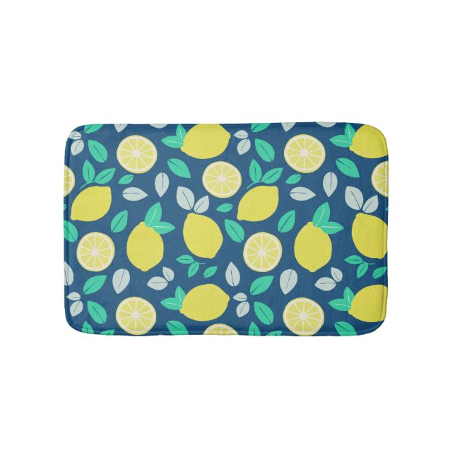 Summer Lemon Pattern in Navy Blue Bath Mat (Front)