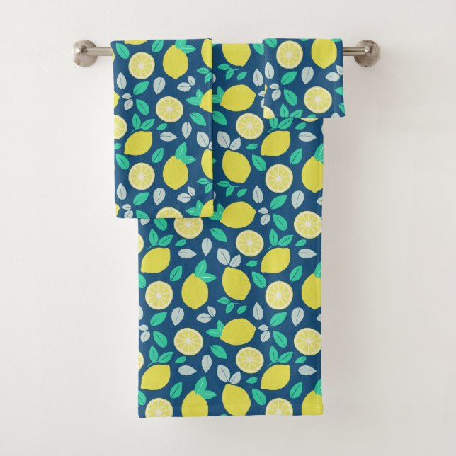 Summer Lemon Pattern in Navy Blue Bath Towel Set (Insitu)