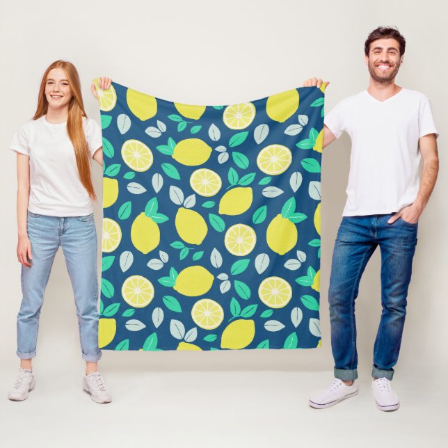 Summer Lemon Pattern in Navy Blue Fleece Blanket (In Situ)