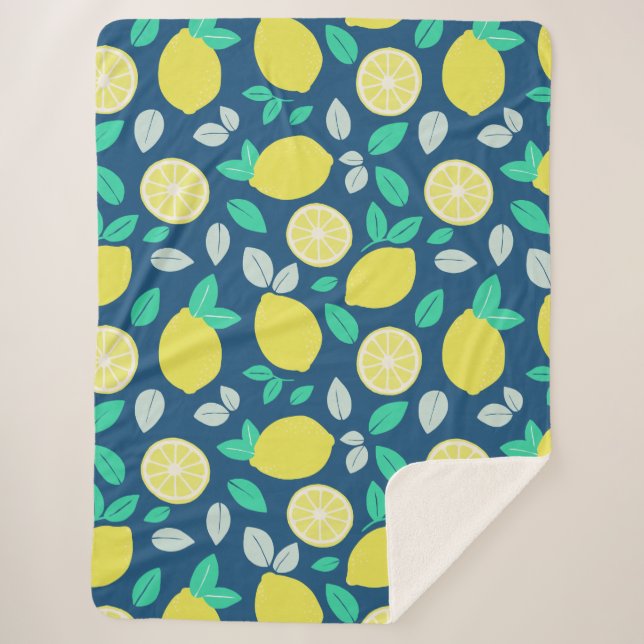 Summer Lemon Pattern in Navy Blue Sherpa Blanket (Front)