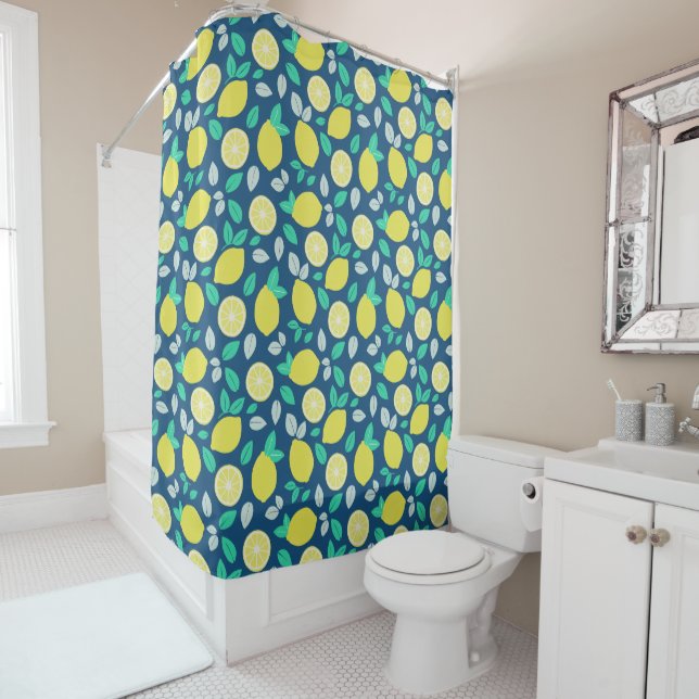 Summer Lemon Pattern in Navy Blue Shower Curtain (In Situ)