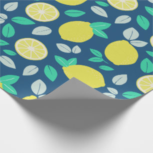 Summer Lemon Pattern in Navy Blue Wrapping Paper