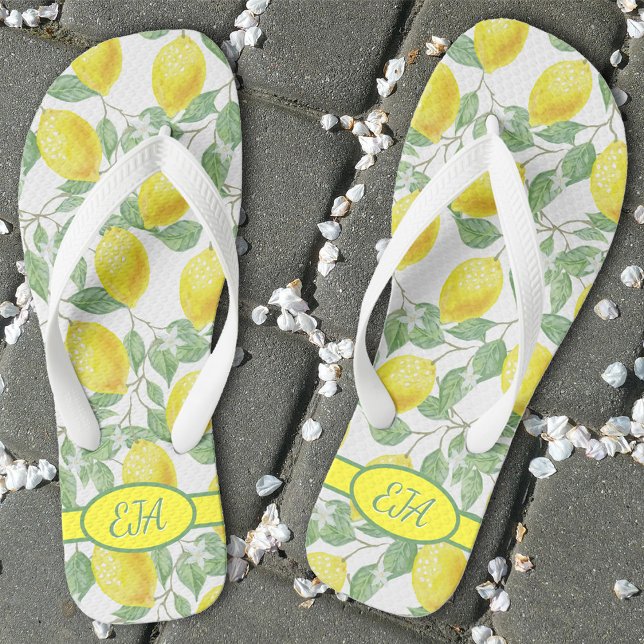 Summer Lemon Pattern Initial Yellow White Lemonade Jandals (Creator Uploaded)