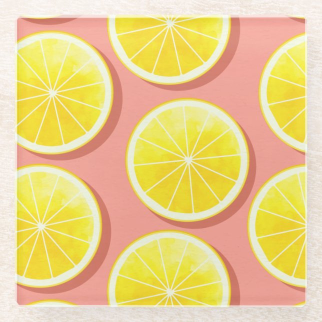 Summer Lemon Slices Pattern Glass Coaster (Front)