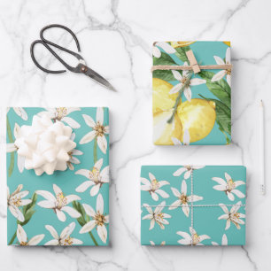 Summer Lemons and blossom patterns on teal  Wrapping Paper Sheet