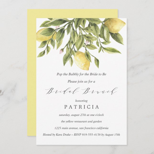 Summer Lemons and Foliage Wedding Bridal Brunch In Invitation (Front/Back)