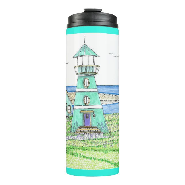 Summer Lighthouse 3; Thermal Tumbler; Bright Aqua Tumbler (Front)