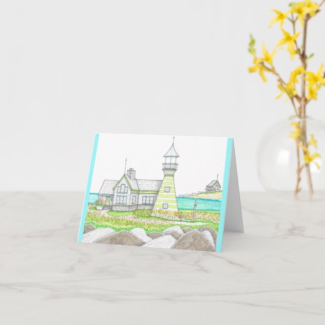 Summer Lighthouse 5; Folded Small Card; Green Card (Yellow Flower)