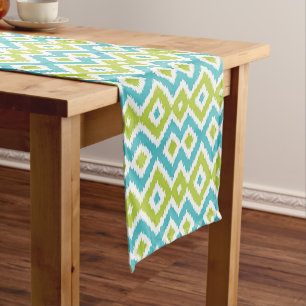 Summer Lime Green Aqua Blue Ikat Tribal Pattern Short Table Runner