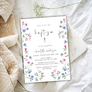 Summer Little Wildflower Cross Christening Baptism Invitation