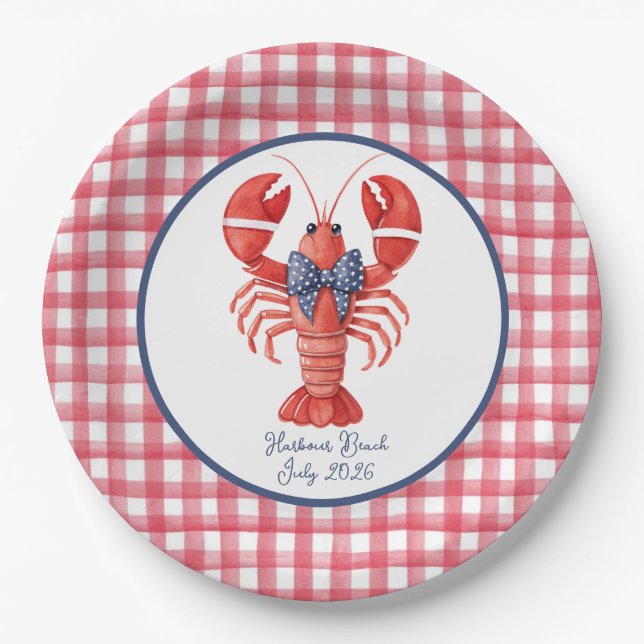 Summer Lobster, Gingham, July 4th Paper Plate (Front)