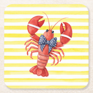 Summer Lobster with Bow and Butter Yellow Stripes Square Paper Coaster