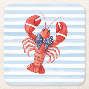 Summer Lobster with Bow and Stripes Square Paper Coaster