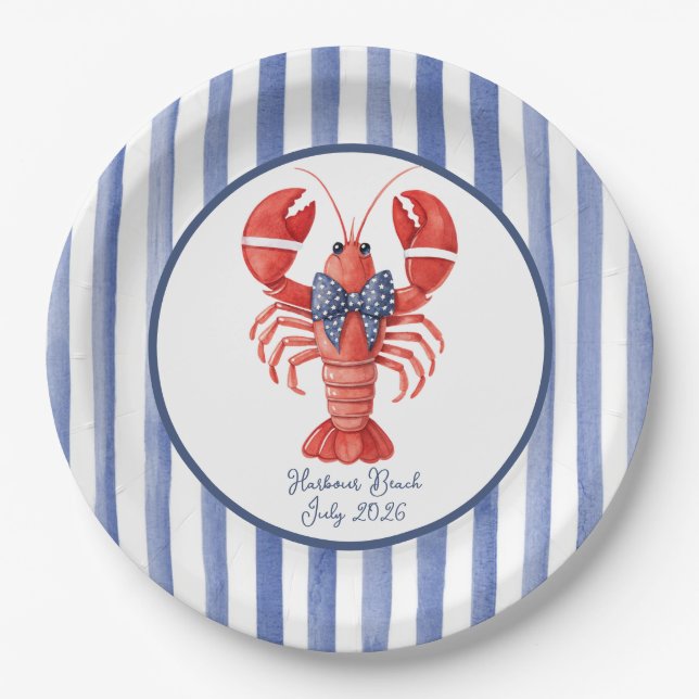Summer Lobster with Nautical Stripe Paper Plate (Front)
