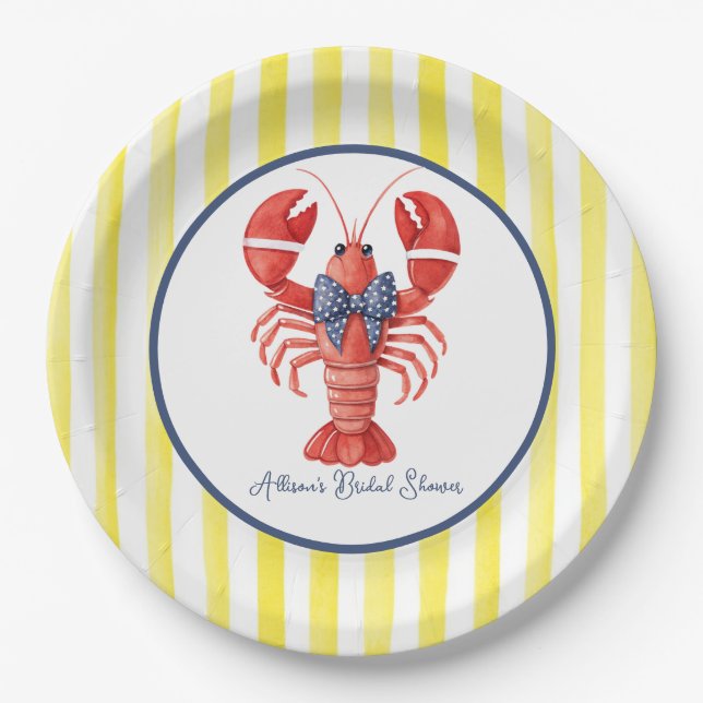 Summer Lobster, Yellow Striped Paper Plate (Front)