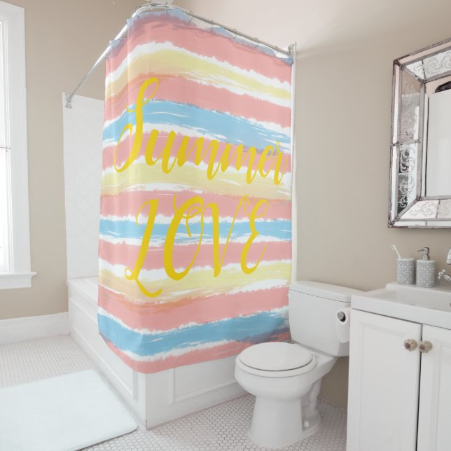 Summer Love Pastel Blue Pink Yellow Stripes Shower Curtain (In Situ)