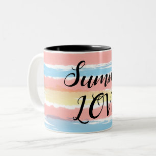 Summer Love Pink Blue Yellow Watercolor Stripes Two-Tone Coffee Mug
