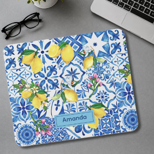 Summer majolica blue Sicilian citrus Mediterranean Mouse Pad