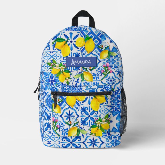 Summer majolica blue Sicilian citrus Mediterranean Printed Backpack (Front)