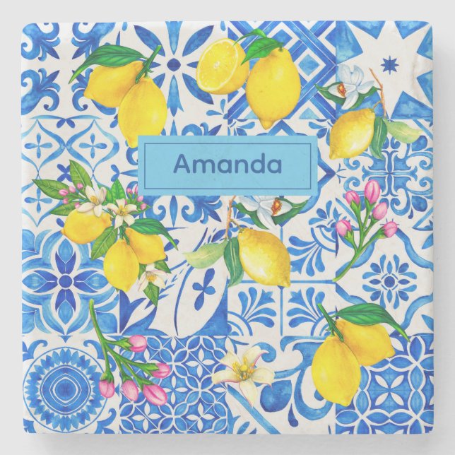 Summer majolica blue Sicilian citrus Mediterranean Stone Coaster (Front)