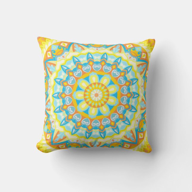 Summer Mandala Bright Yellow Orange Boho Floral Cushion (Front)