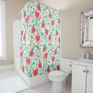 Summer Meadow Floral Nature Illustration Shower Curtain