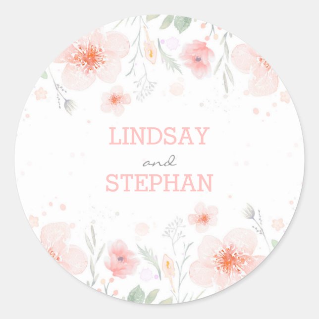 Summer Meadow Watercolor Pink Flowers Wedding Classic Round Sticker (Front)