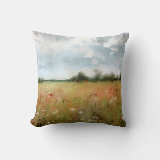 Summer Meadow Wildflower Landscape Art Cushion