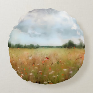 Summer Meadow Wildflower Landscape Art Round Cushion